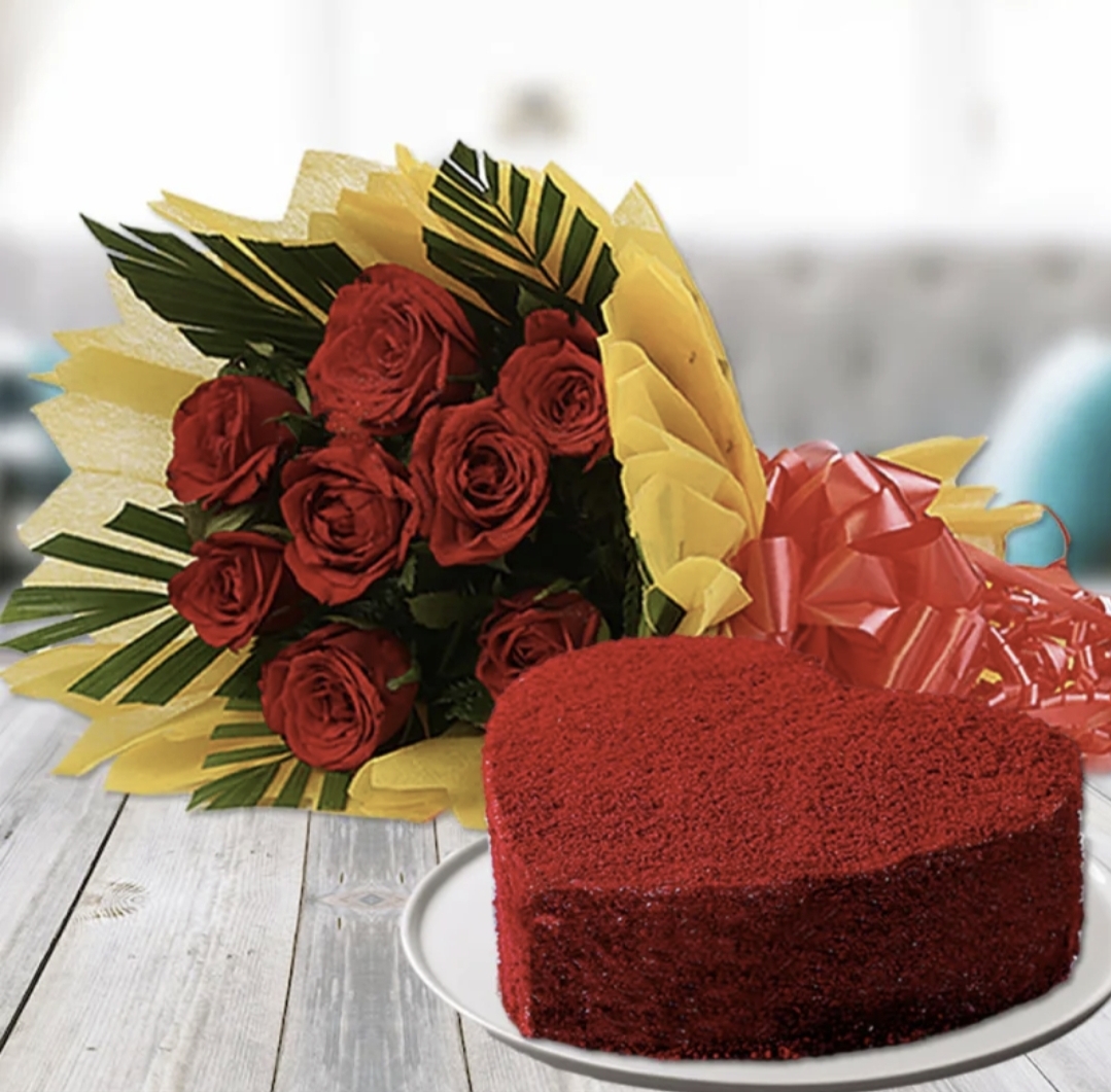Red Valvet Heart shaped cake with 6pc Roses Bouquet